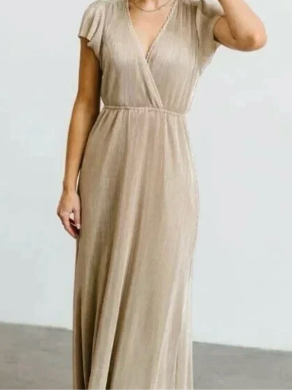 Baltic Born Gold Athena Pleated Maxi Dress Long Metallic Short Sleeve Fancy